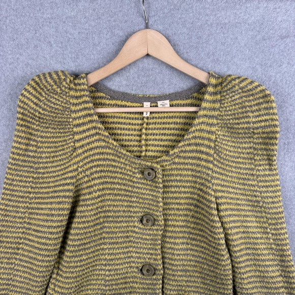 MOTH Anthropologie Cardigan Womens M Yellow Stripe Puff Sleeve Button Sweater - Picture 4 of 9